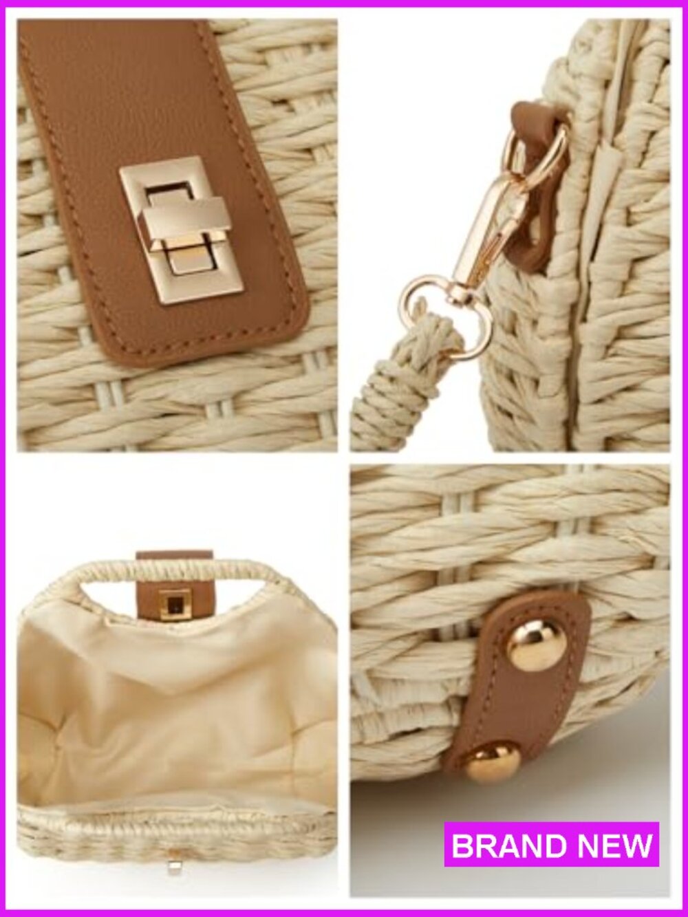 Handmade Straw Woven Beach Clutch Crossbody Shoulder Bag Summer Vacation Shell - Picture 6 of 7